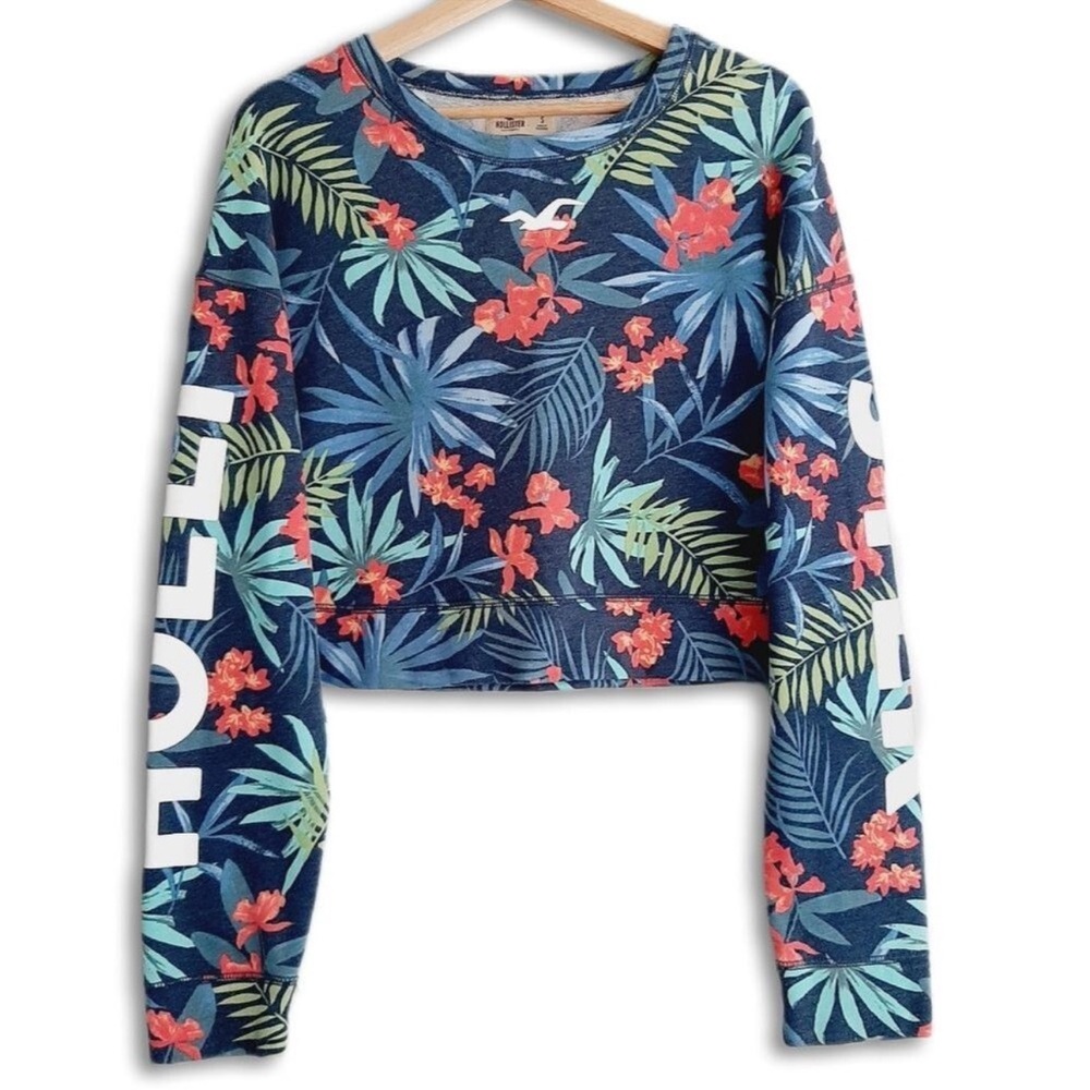HOLLISTER Crop Sweatshirt Floral Tropical Leaf Crewneck Pullover Top L cropped
